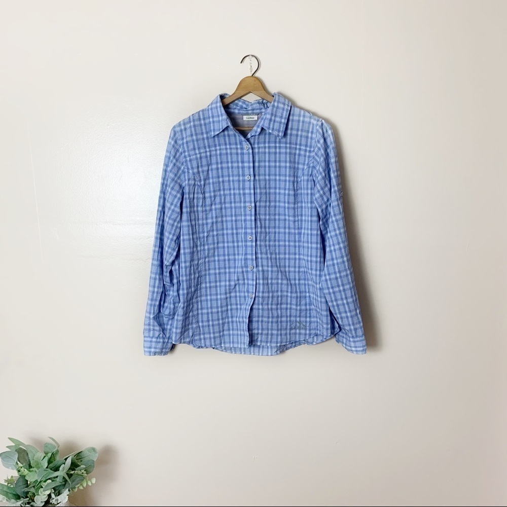 [L.L. Bean] Medium Blue & White Plaid Button Down Windbreaker Outdoor Top